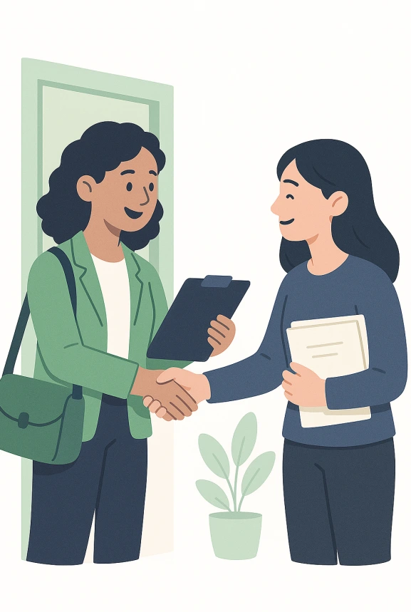 Illustration of a friendly mobile notary with documents